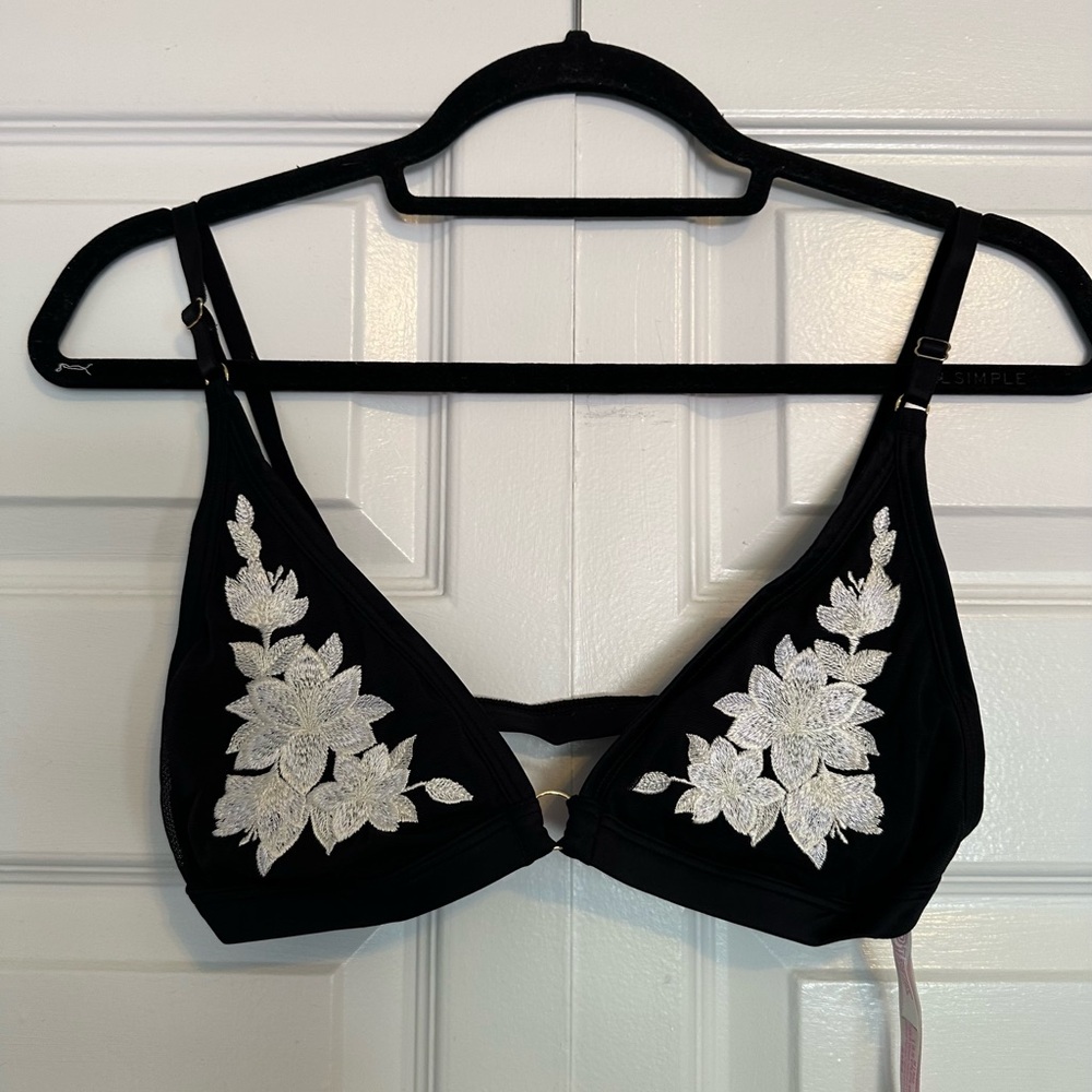 PINK Victoria's Secret Black Bralette with white Floral Embroidery